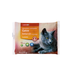 Alimento Completo Gatos Bocaditos en Salsa: 2 con Pollo y Pavo + 2 con Buey SPAR